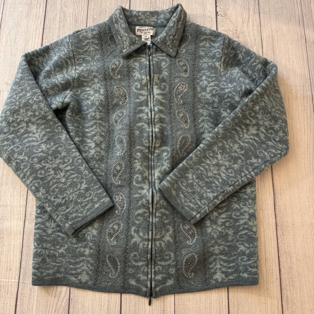 Pendleton 100% Virgin Wool VTG Full Zip Cardigan Sweater Paisley Size XL Tall